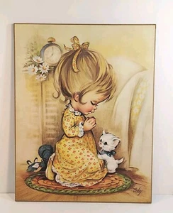 Vintage Little Girl  Saying Prayers W/ White Kitten  Wall Plaque Decor 11" X 14" - Picture 1 of 7