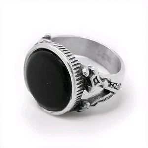 BLACK ONYX SIGNET RING, BLACK ROUND GEMSTONE, STAINLESS STEEL RING , FOR MEN - Picture 1 of 15