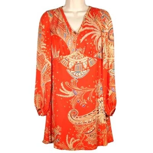 Alice Trixie Dress Babydoll Silk Mini Short Long Sleeve Tribal Peasant Orange XS - Picture 1 of 14