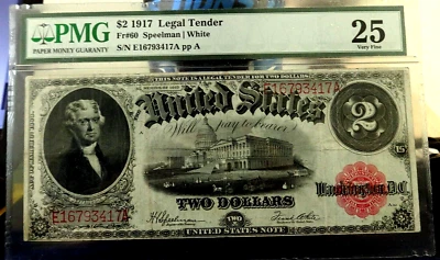1917-#Fr60  VERY ATTRACTIVE  -$2 U.S. NOTE PMG VF25-SPEELMAN/WHITE-SN-E16793417A - Image 1 of 4