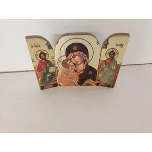 Tríptico icono ortodoxo bizantino de madera con retrato de la Virgen María Panagia - Imagen 1 de 3