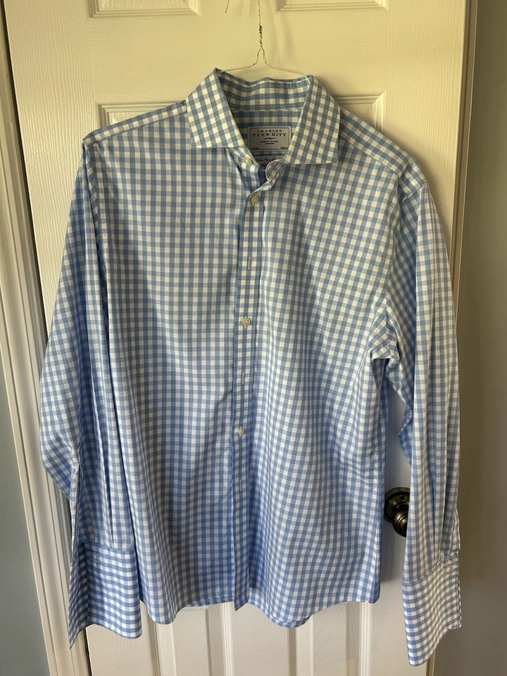 Camisa de vestir Charles Tyrwhitt 16,5/35, calce ajustado, puños franceses, azul, amarillo Foto 1 de 2