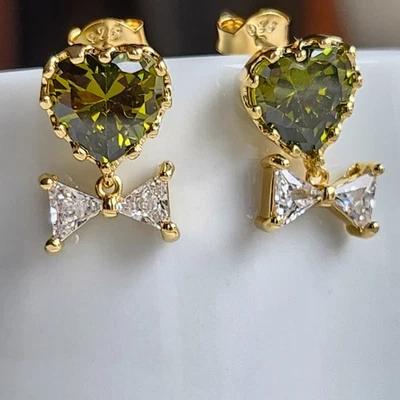 Pendientes de plata de ley 925 8 mm corazón peridoto zafiro 5/8"" chapados en oro amarillo Foto 1 de 4