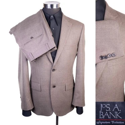 Jos A Bank 2-Pcs Suit Micro Check Beige Blazer Sz 38S Pants 32x28.5 Wool EUC - Image 1 of 4