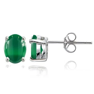 Sterling Silver Simulated Green Agate 8x6mm Oval Solitaire Stud Earrings - Picture 1 of 3