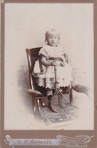 VICTORIAN CABINET PHOTO -YOUNG GIRL WITH LARGE OLD STYLE TENNIS RACKET.  HEWITT