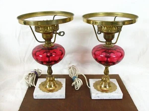 2 Vintage Fenton Cranberry Glass Coin Dot Optic Lamps Marble Base Works - Picture 1 of 9