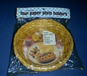 (4) Supporti in bambù e vimini rattan per piatti di carta da 8" e 9" ~Picnic e feste~ NUOVO - Foto 1 di 2