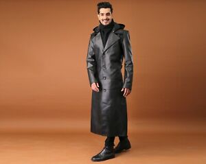 Men Black Long Hooded Coat For Men Leather Long Trench Coat Duster Coat