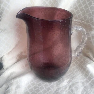 Large ANTIQUE Amethyst Bubble Glass Pitcher Rare Clear Swirl Handle 10.5” Tall - Picture 1 of 10