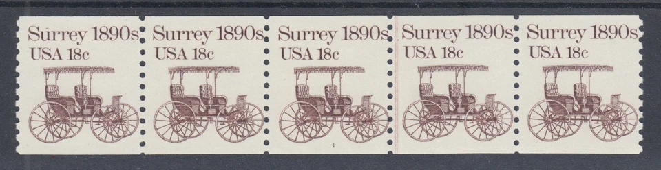 US Sc 1907 MNH. 1982 18c dark brown Surrey, Plate #1 coil strip of 5 - Image 1 of 1