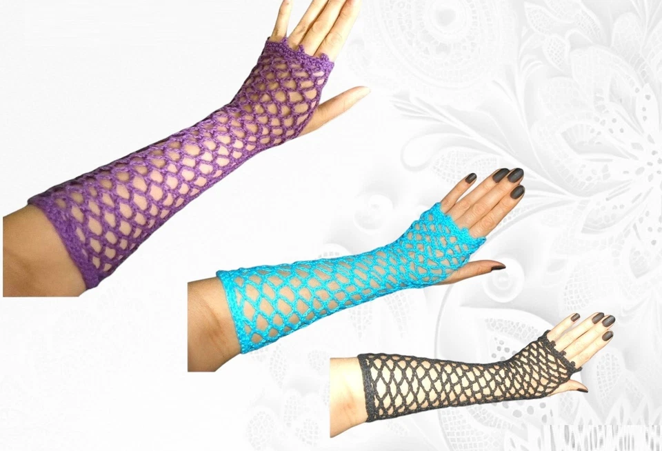 Long Fishnet Glamour Gloves Fingerless Handmade Crochet-Women Choose Color - Изображение 1 из 1