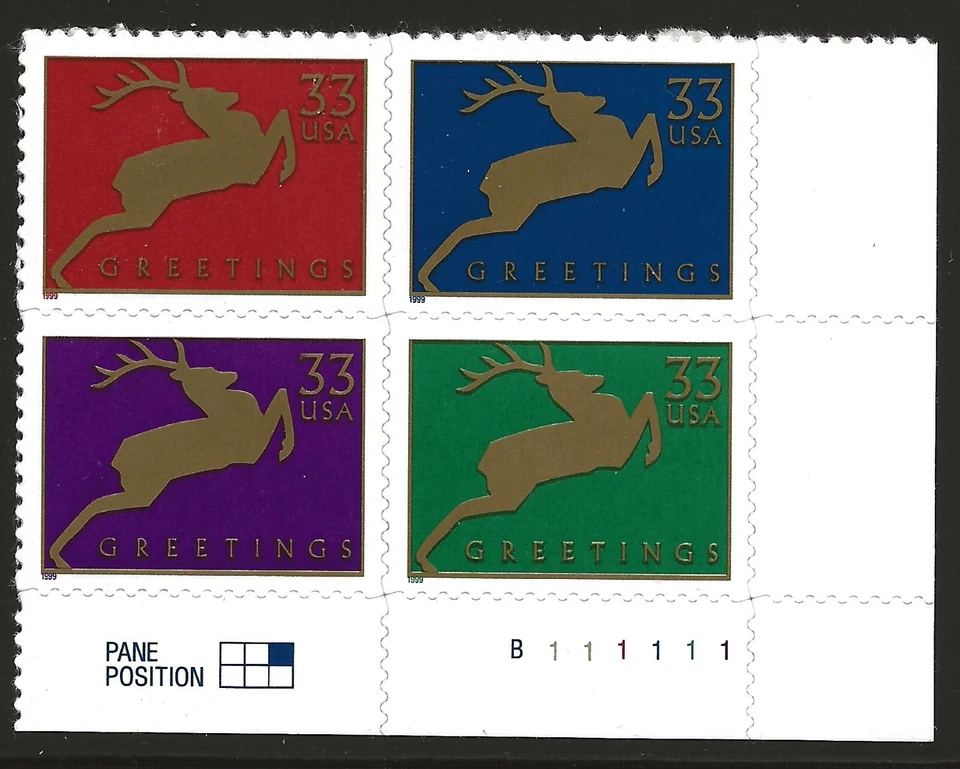 US Scott #3356-59, Plate Block #B111111 1999 Reindeer 33c VF MNH Lower Right - Image 1 of 1