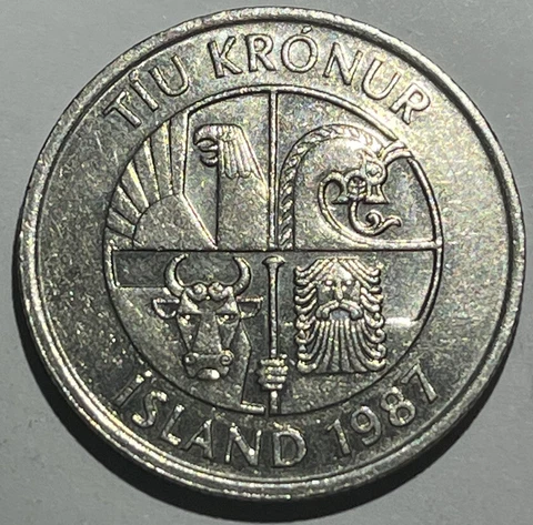 Iceland - 1987 - 10 Kronur - Eagle Dragon Bull Giant / 4 Capelins - World Coin Cover