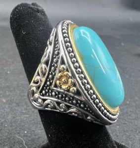 Vintage Huge Chunky Turquoise Statement Cocktail Ring Ornate Size 7 - Picture 1 of 11