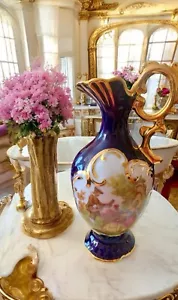 "Florero jarra azul cobalto Limoges romántico victoriano Francia cortejo 6,5"" regalo" - Imagen 1 de 6
