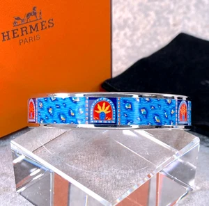 Vintage Hermes Bangle Bracelet Blue Enamel Silver Rim Size 65 with Case - Picture 1 of 16