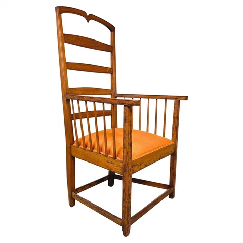 19th Century Stickley Style Distressed Oak Tall Ladder Back Armchair Cover