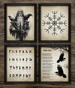 Juego de 4 impresiones vikingas, arte de pared estilo vintage, mitología nórdica Odin Hugin Munin - Imagen 1 de 1