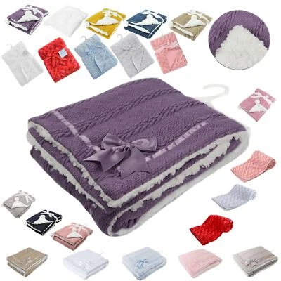 Baby Blanket Chevron Cable Knit Bow Pom Pom Sherpa Fleece Pram Wrap Soft Touch - Image 1 of 4