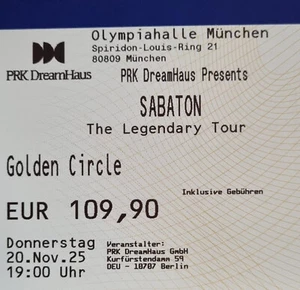 Tickets SABATON München 20.11.25 Golden Circle Stehplatz Karten Eintrittskarten - Bild 1 von 1