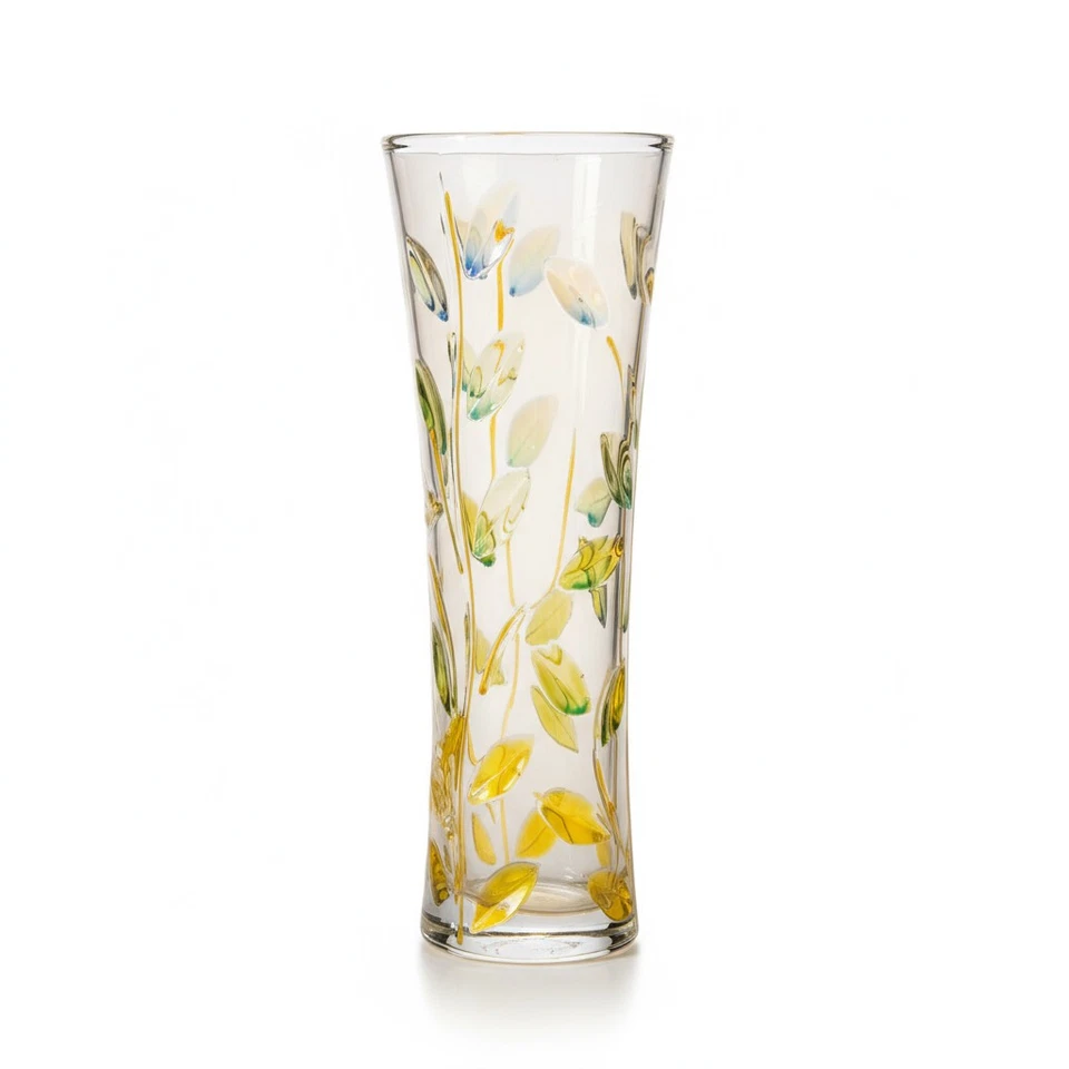 Glass Of Venice Murano Italian Crystal Vase yellow Geen Tree of Life 7.5 - Image 1 of 4