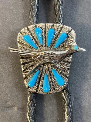 Corbata Road Runner Bolo, metal con detalles azules, vintage Foto 1 de 4