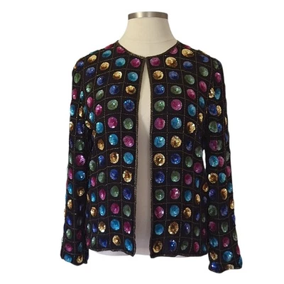 VTG Leslie Fay Colorful Sequins Circles Dots Beaded Evening Silk Jacket XL FLAWS - Image 1 of 4