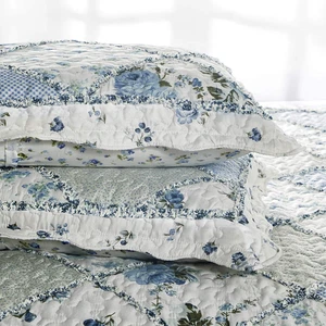 Juego de edredón de retazos florales azules, tamaño queen completo, juego de cama de 3 piezas con 2... - Imagen 1 de 12