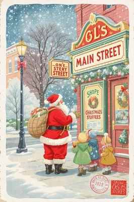 Santa on Main Street Vintage Christmas Illustration Poster - Image 1 of 4