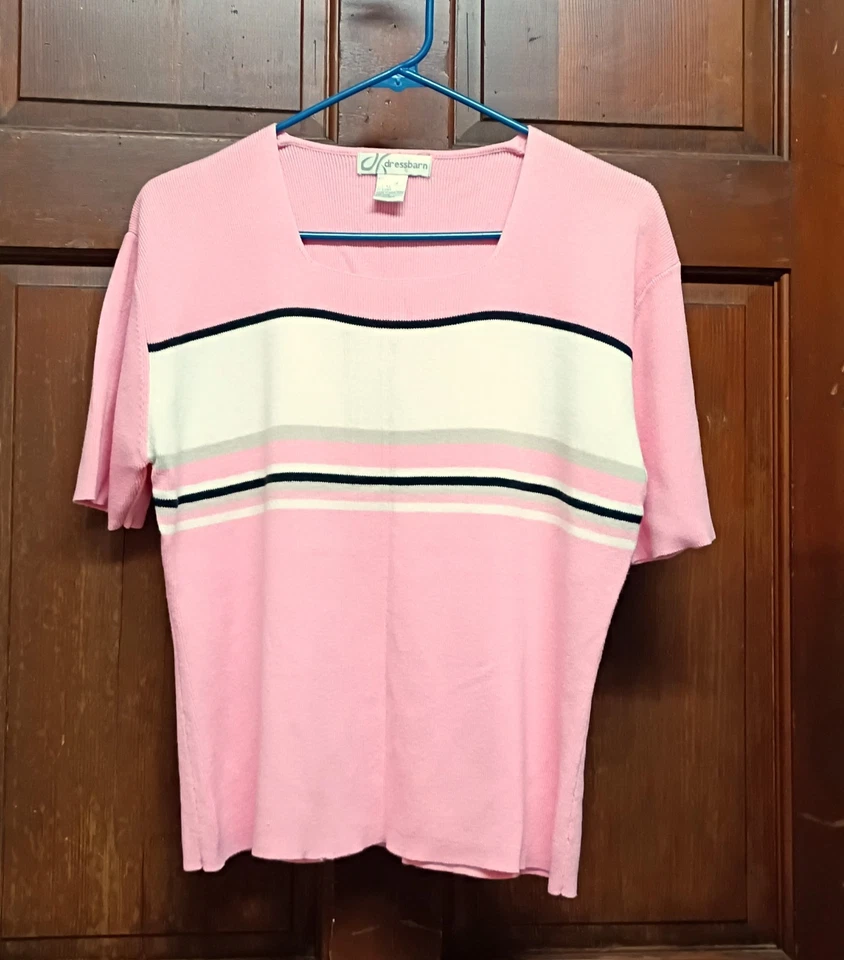 Camisa suéter tejida manga corta rosa a rayas DRESSBARN para mujer talla XL Foto 1 de 4