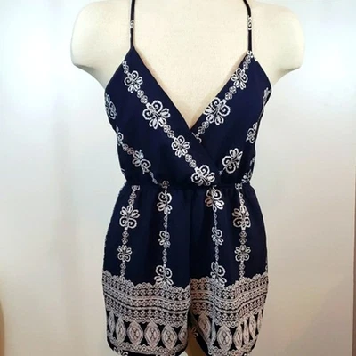 A'GACI Romper Womans Medium Blue Navy Print Strappy Beach Casual Vacation  - Image 1 of 4