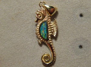 Opal Seahorse Pendant   , solid 14 k Yellow  Gold - Picture 1 of 11