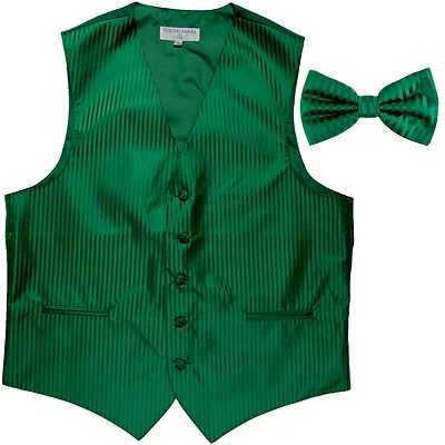 New Men's Vertical stripes tuxedo Vest Waistcoat _bowtie emerald green formal - Image 1 of 4