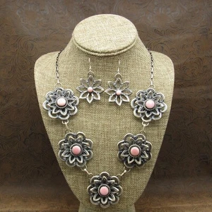Navajo Sterlingsilber Blume und rosa Muschel Muschel Halskette Set - Bild 1 von 7