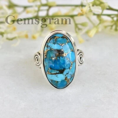 Anillo GENUINO Hecho a Mano Plata de Ley 925 Azul Cobre Turquesa Forma Ovalada Foto 1 de 4