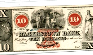 $10 "HAGERSTOWN BANK" (MARYLAND) 1800'S $10 "ORANGE PRINT"(BLUE SERIALS) CRISPY! - Picture 1 of 3