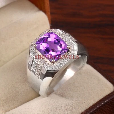Natural Amethyst Gemstone With 14K White Gold Plated Silver Men's Ring #1325 - Image 1 of 4
