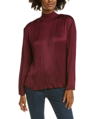 Vince XL Womens Blouse Plum Wine Rib Mock Neck Crushed Satin Long Sleeve $325 - Image 1 of 4