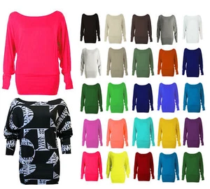 Women's BATWING Baggy Top Jumper Jersey Ladies Long Sleeve Off Shoulder Top Size - Picture 1 of 14