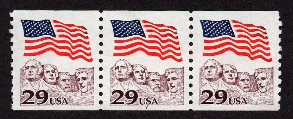 UNITED STATES, SCOTT # 2523, COIL STRIP OF 3 STAMPS PNC # 7, FLAG OVER RUSHMORE - Image 1 of 1
