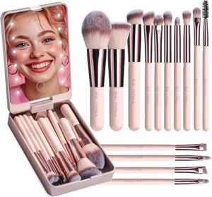 14 Travel Makeup Brush Set Rechargeable with LED Light Mirror and Box for Adults - Picture 1 of 15