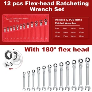❤️12Pcs Metric Combination Wrench Flexible Head Ratchet Spanner Tool Set 8-19mm - Picture 1 of 13