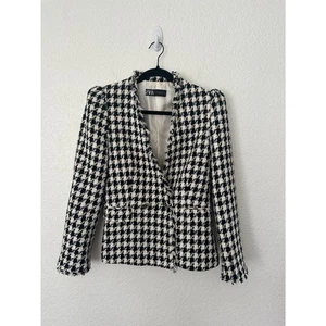 ZARA Blazer Jacke schwarz weiß Tweed Hahnentritt Fransenbesatz Größe M - Bild 1 von 12