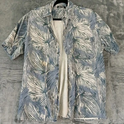 Рубашка мужская Bobby Chan средний размер синяя белая с принтом из шелковых листьев повседневная с коротким рукавом - Изображение 1 из 4