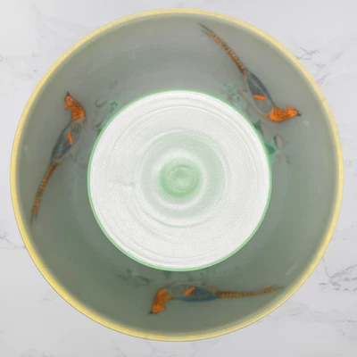 Tiffin Green Satin Glass Compote Candy Dish Hand Painted Peacocks Vintage - Image 1 of 4