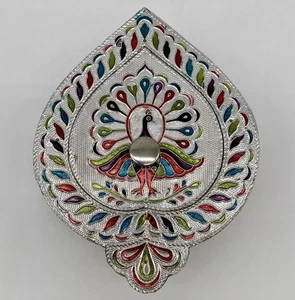 Peacock Jewelry Trinket Box Silver Metal Meenakari Work Colorful - Picture 1 of 16