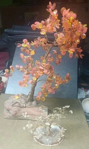2 Lucky Bonsai Tree Wire Wrap 14" On Burl Knot Wood Base & 6" On Geode Slice VTG - Picture 1 of 17