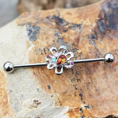 316L Stainless Steel Multihued Flower Industrial Barbell - Image 1 of 3