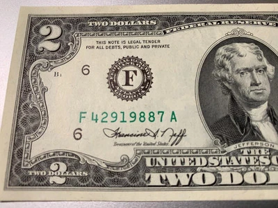 1988 Birth Date in Serial # on 1976 $ 2 Note Uncirculated SKU# 35704 - Image 1 of 3